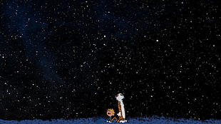 boy and tiger character illustration, Calvin and Hobbes, space, stars