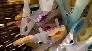 white plastic clothespin lot, clothespin, baskets