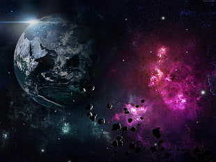 blue planet with asteroids and purple nebula 3D wallpaper