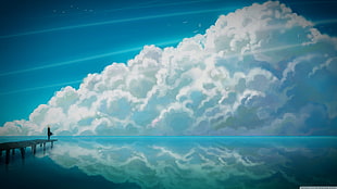 white clouds and blue ocean horizon anime illustration