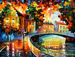 painting of houses and body of water, painting, Leonid Afremov, fall, colorful