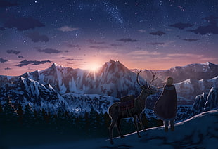 anime character beside deer standing in snow covered mountain