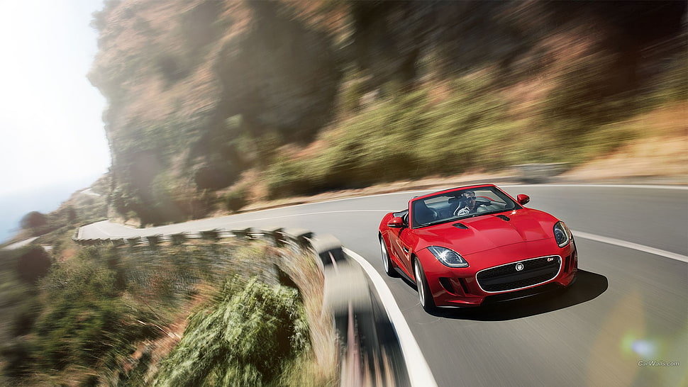 red Chevrolet Camaro 4th gen coupe, Jaguar F-Type, car, red cars, motion blur HD wallpaper