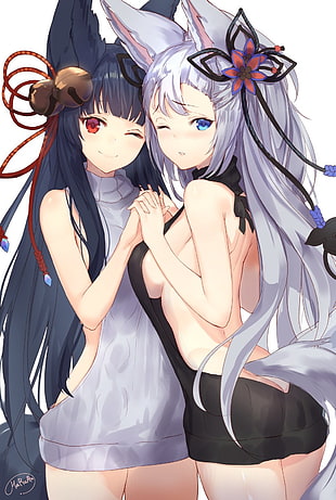 two female anime characters wearing gray and black backless bodycons