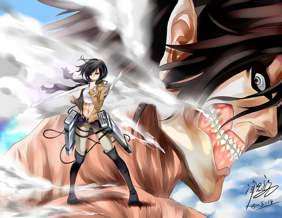 Eren Eager and Mikasa Ackerman of Attack of Titan anime HD wallpaper
