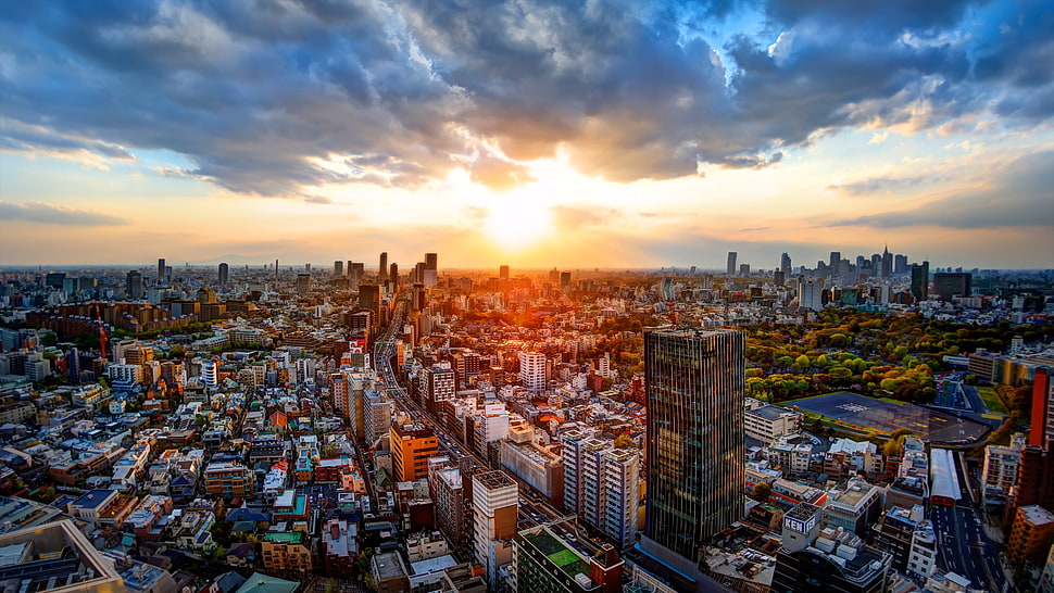 gray building, landscape, sky, top view, city HD wallpaper