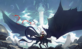 character riding dragon wallpaper, dragon, halbard, spear, wings
