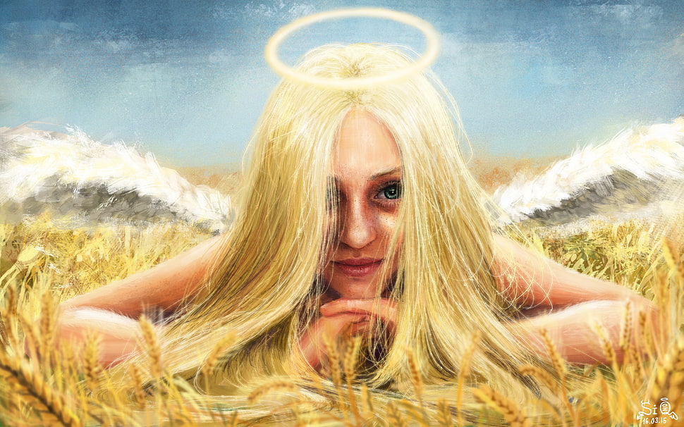 closeup of angel with halo painting HD wallpaper