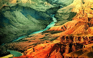 river between mountain illustration, landscape, nature