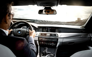 black BMW car dashboard, car, men, BMW, men with glasses