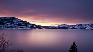 snowy hills, nature, lake, mountains HD wallpaper