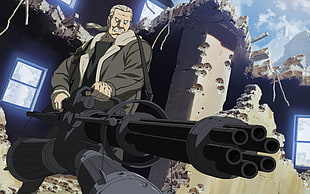 male character anime character holding machine gun