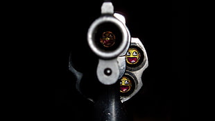 black revolver, gun, smiling, awesome face, weapon HD wallpaper