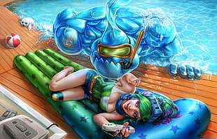 blue and green abstract painting, Zac (League of Legends), Riven (League of Legends), pool party, League of Legends