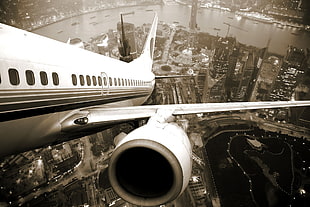 white airplane, flying, aircraft, sepia, aerial view
