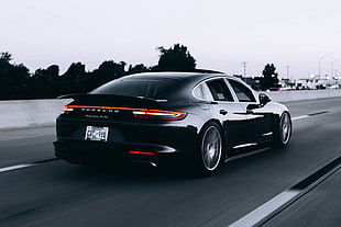 black Porsche sedan, Auto, Road, Movement