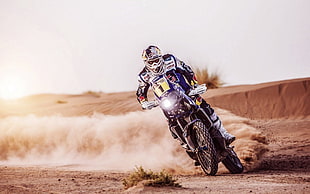 blue dirt bike, motorcycle, motocross, Red Bull, desert
