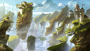 game application screenshot, floating island, windmill, waterfall HD wallpaper