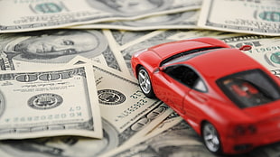 red sports coupe scale model, car, money