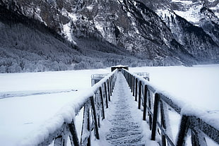 gray food bridge, winter, mountains, nature, landscape