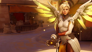 female video game character with wings holding gun screenshot, video games, Overwatch, Mercy (Overwatch)