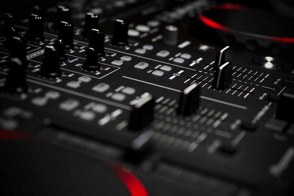 selective focus photography of black audio mixer, mixing consoles, technology, depth of field, red HD wallpaper