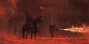 man riding horse while holding rifle wallpaper, military, Flamethrower, digital art, gas masks