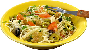 assorted noodle dish on yellow bowl