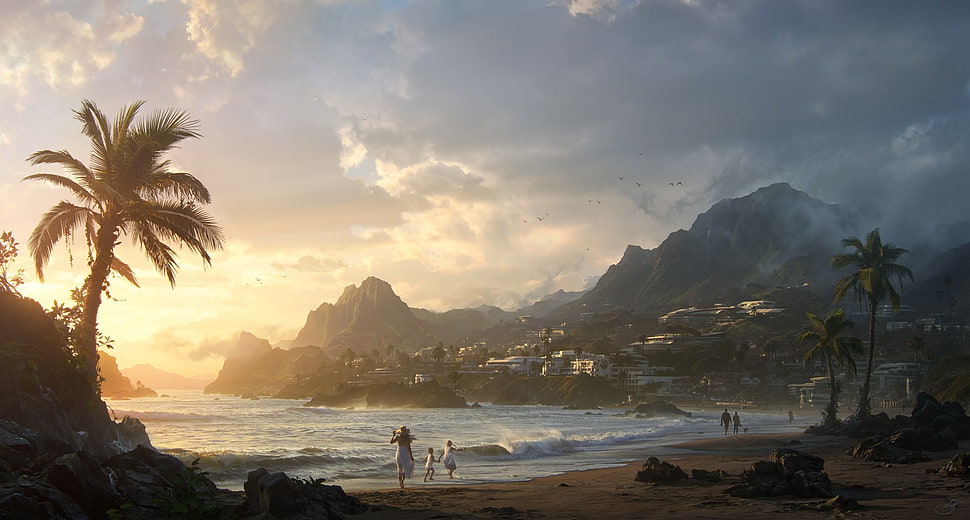 sea and mountains, beach, artwork, landscape HD wallpaper