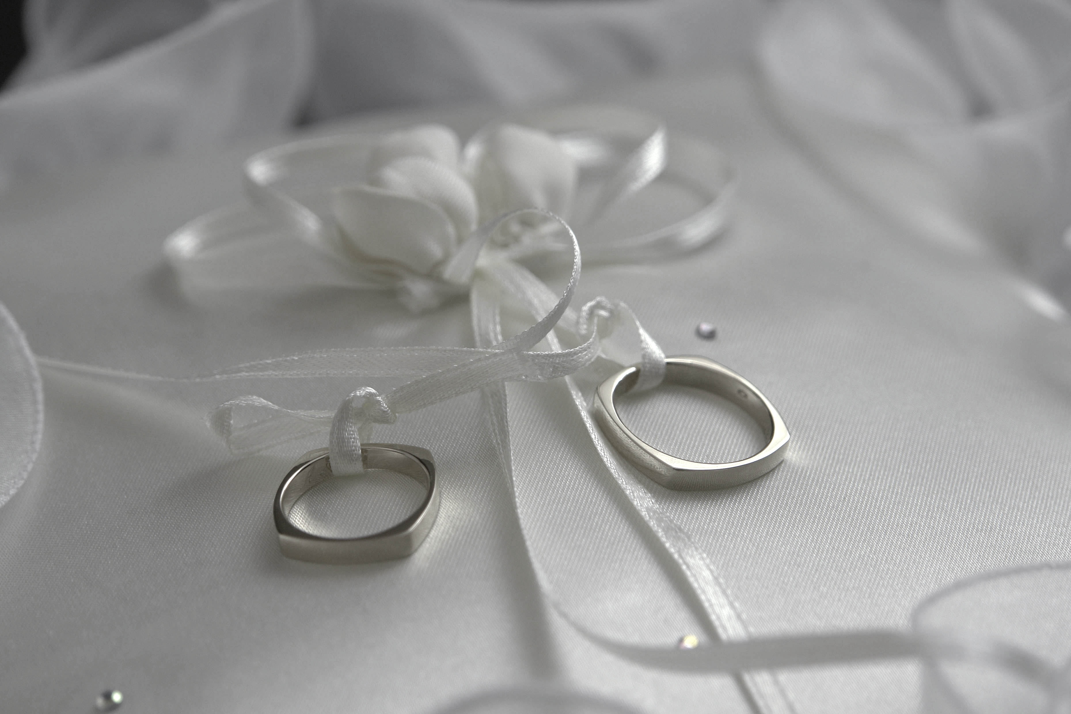 two silver band rings on white ribbon