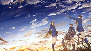 anime scene, original characters, bicycle, school uniform, clouds HD wallpaper