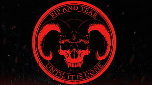 Rip and Tear Until It It Done logo, Doom (game), demon, teeth, symbols