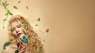 blonde haired woman holding blue apple art HD wallpaper