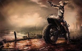 female anime character riding motorcycle pointing gun poster HD wallpaper