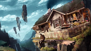 illustration of house, fantasy art, fishing rod, house, artwork