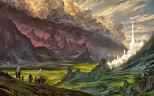 mountains and blue clouds painting, fantasy art, landscape, video games