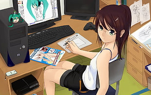 female anime character sitting on gray chair holding pen in-front of desktop computer HD wallpaper