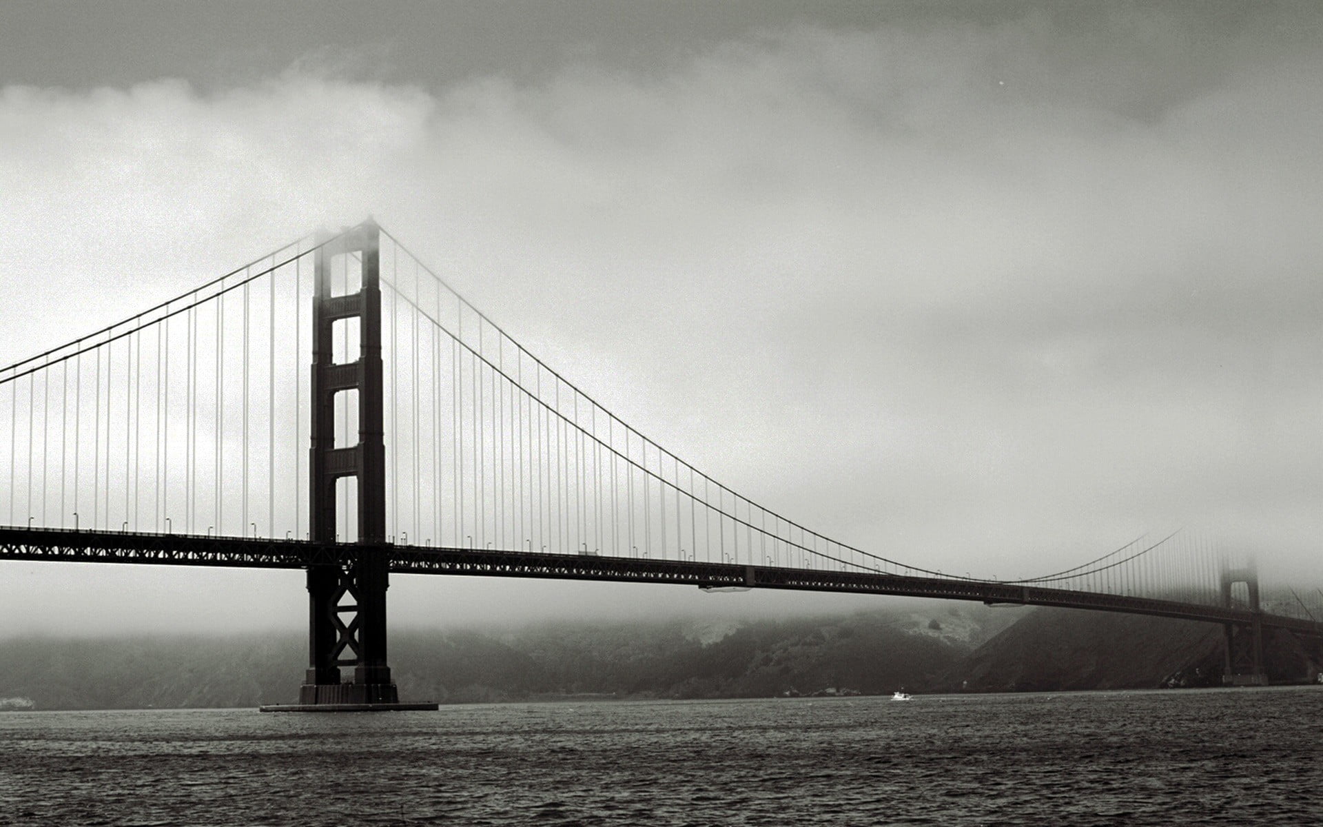 grayscale of bridge, bridge, mist, monochrome, sea