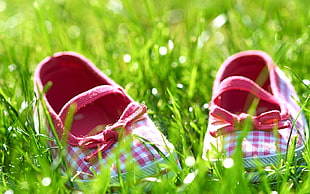 shallow focus photography of pink-and-white checked print mary jane shoes on green grass field