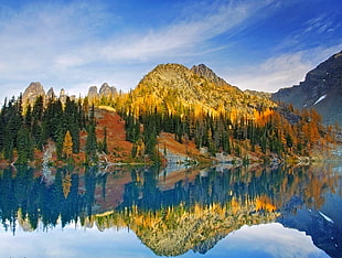 calm body of water and mountains, blue, lake, reflection, Washington state HD wallpaper