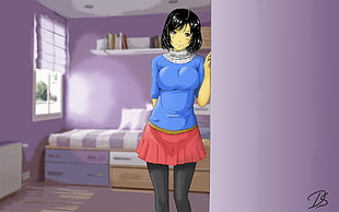 female anime in blue sweater and red micro skirt