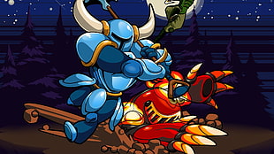 blue armored warrior and red armored warrior illustration