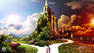castle between golden hour and clear sky graphic wallpaper, castle, path