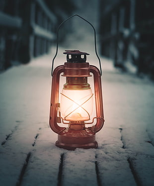 red kerosene lantern, Lamp, Lantern, Snow