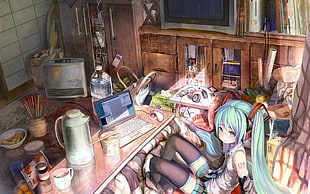 teal haired female anime character sitting in sofa