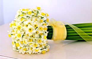 selective focus of white and yellow petaled flowers bouquet