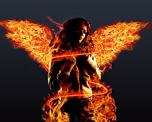 standing woman wearing jacket with burning angel wings illustration