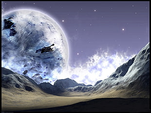 mountains near moon illustration HD wallpaper