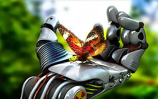 red and black butterfly on robot's palm illustration, butterfly, robot, science fiction, insect HD wallpaper