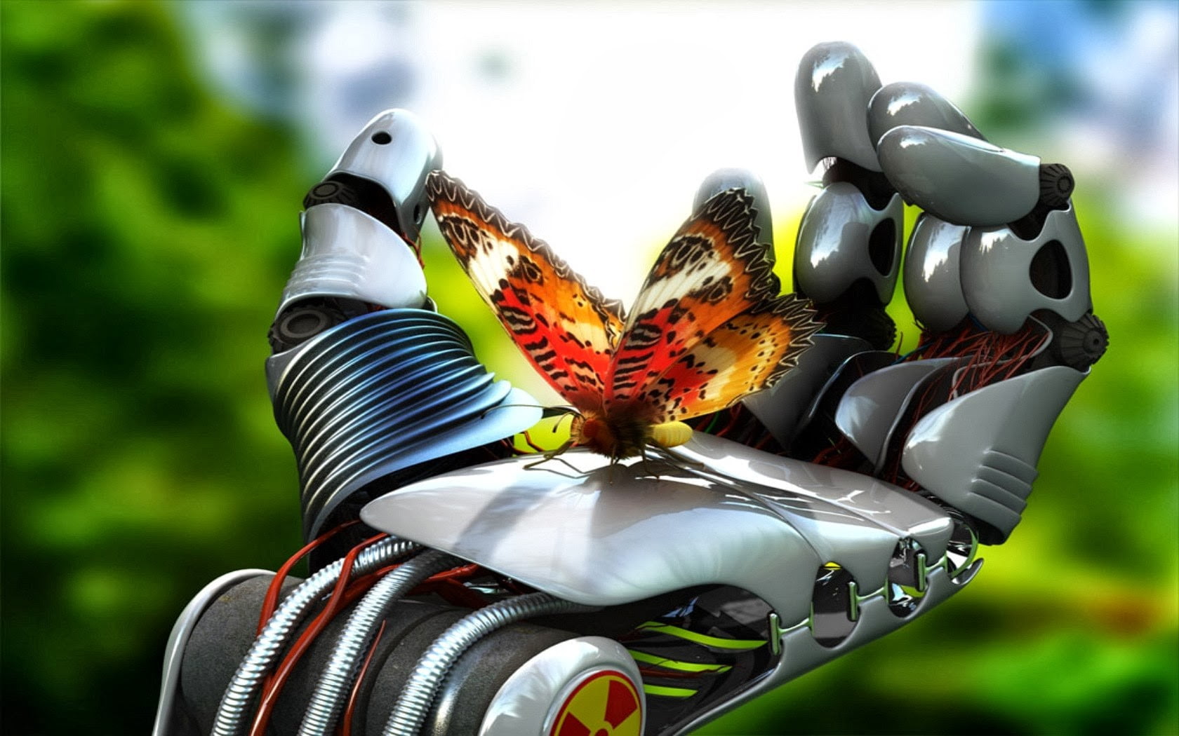 red and black butterfly on robot's palm illustration, butterfly, robot, science fiction, insect